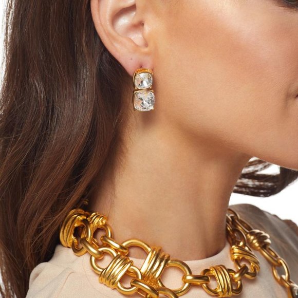 KENNETH JAY LANE, DOUBLE SQUARE DROP CUBIC ZIRCONIA PIERCED EARRINGS - Picture 4 of 8